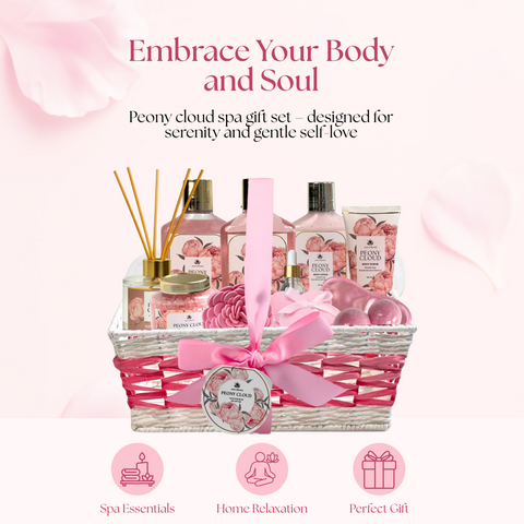 Peony Cloud Basket – Luxurious Pink Spa Gift Basket for Her