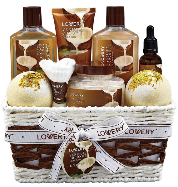 Vanilla Coconut Luxury Bath Gift Set - 9Pc Home Spa Basket