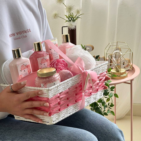 Peony Cloud Basket – Luxurious Pink Spa Gift Basket for Her
